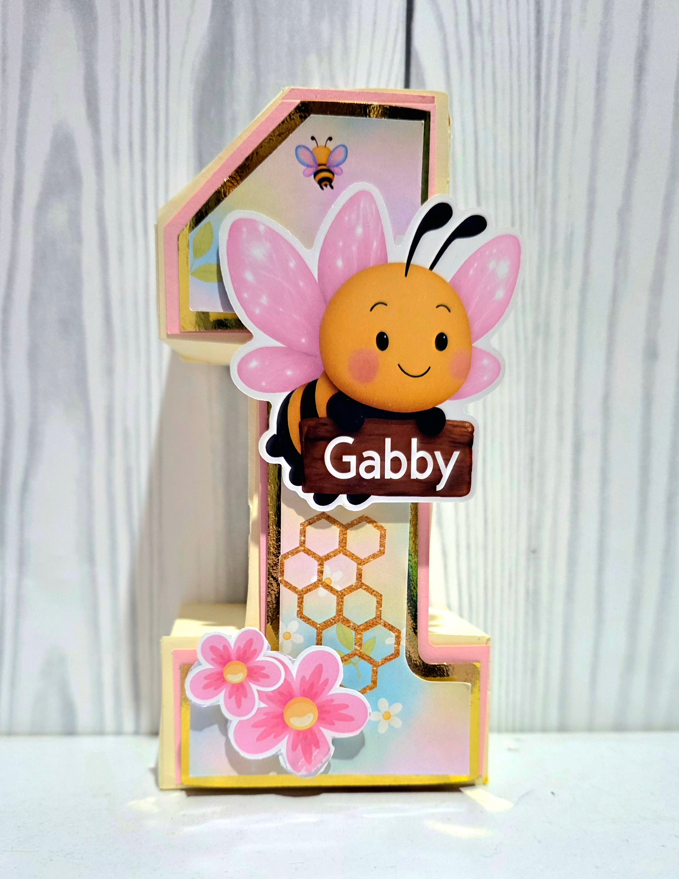 Personalized 3D Number with Custom Name - Happy Bees Design (10 inches)