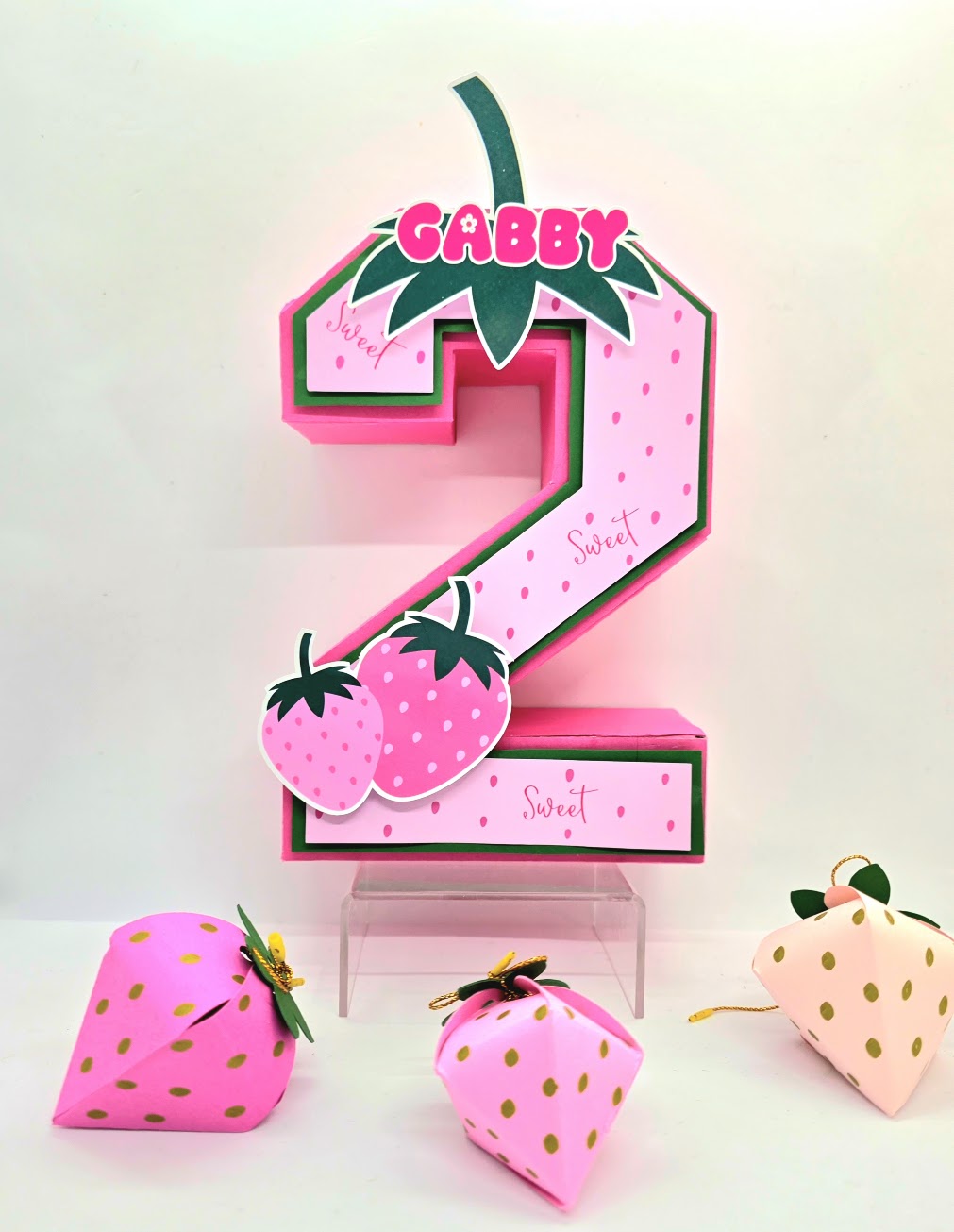 Personalized 3D Number with Custom Name - Strawberry Design - 10 Inches - Pink
