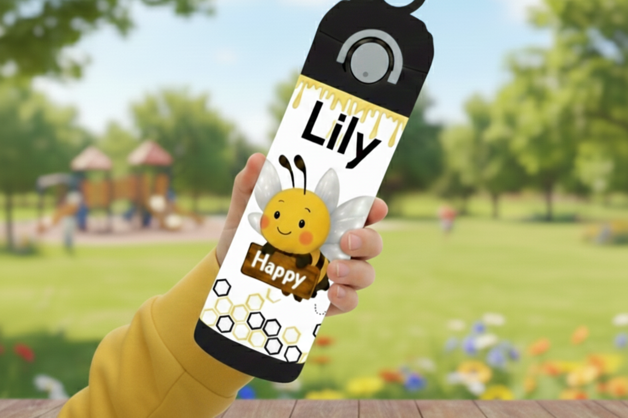 Personalized Kids Tumbler 12 oz - Happy Bees Design with Custom Name