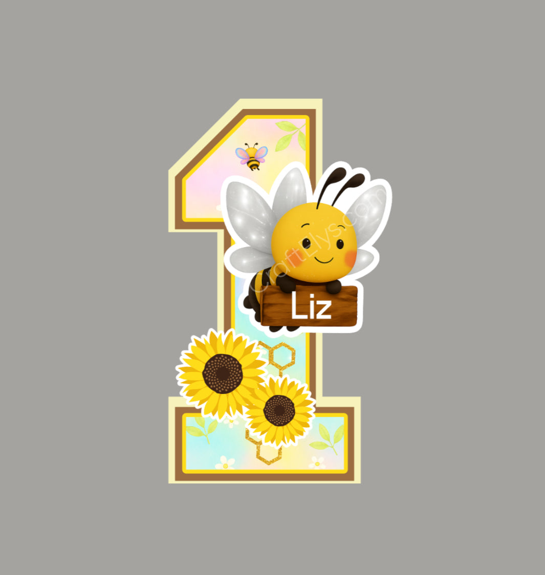 Personalized 3D Number with Custom Name - Happy Bees Design (10 inches)