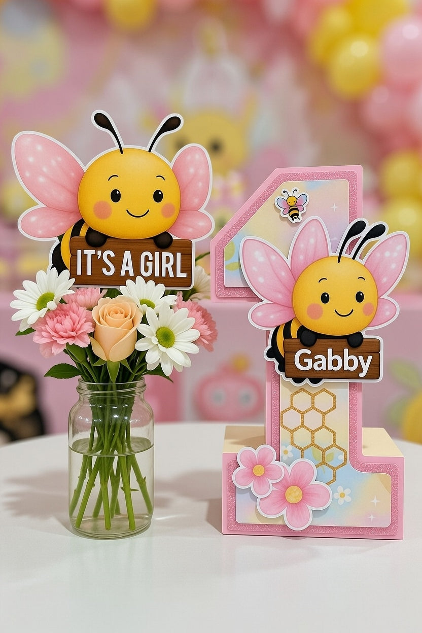 Personalized 3D Number with Custom Name - Happy Bees Design (10 inches)